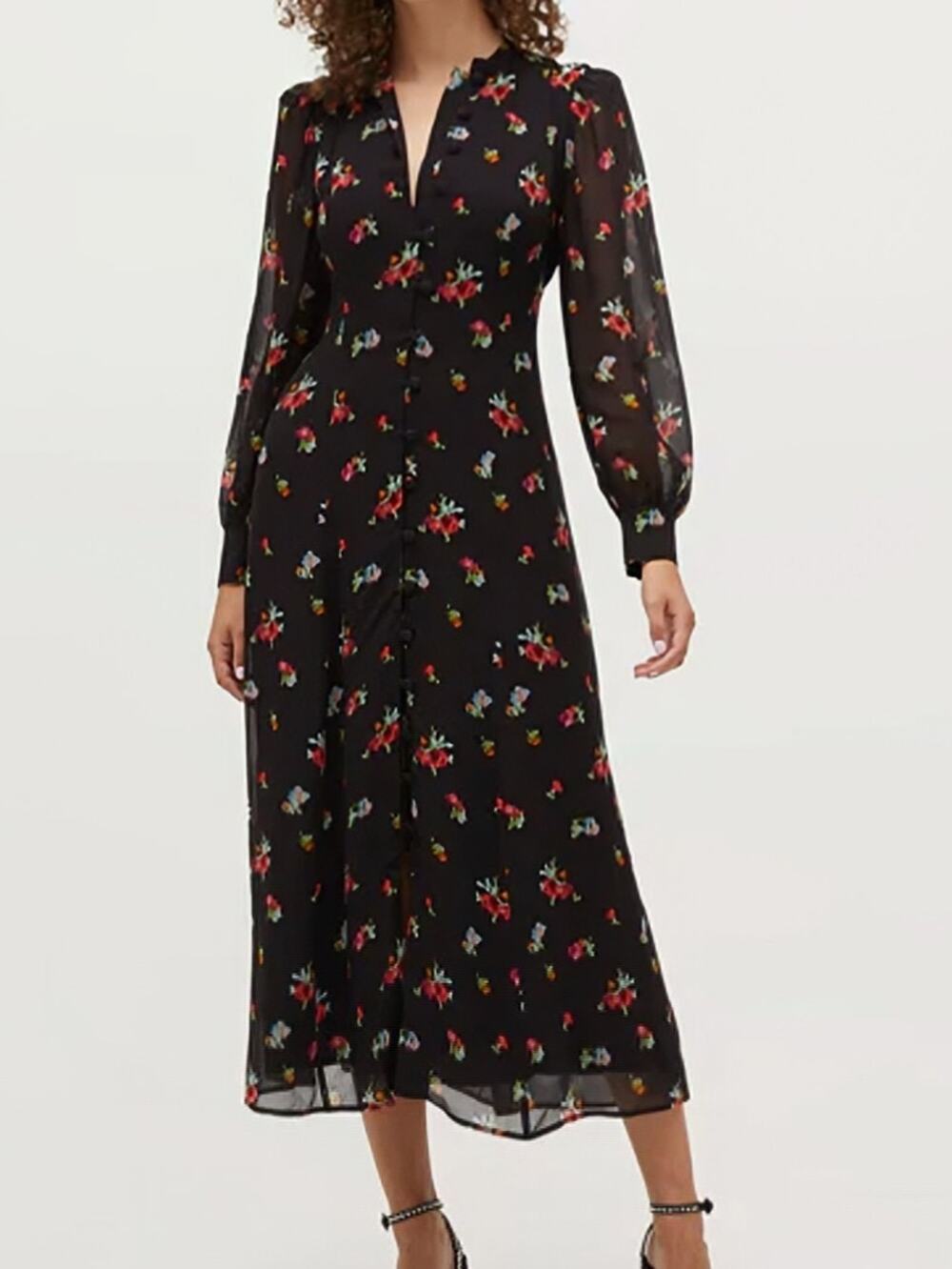 Hill House Cindra Dress Black Ikat Floral Sheer Button Front Midi Size Large